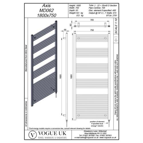 Vogue Axis 1800 x 750mm Straight Ladder Towel Rail Heating Only Chrome 2781BTU MD062 MS18075CP